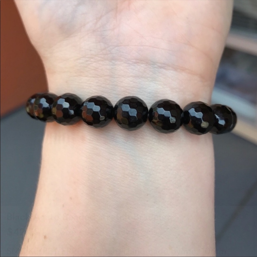 Black agate beaded stretch bracelet - Picture 7 of 8